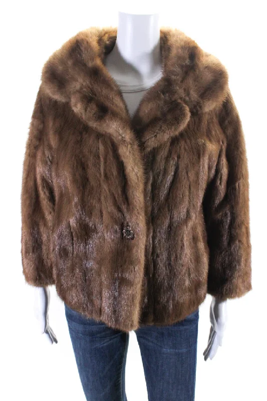 Alameda Womens Mink Fur Long Sleeve One Button Short Overcoat Brown