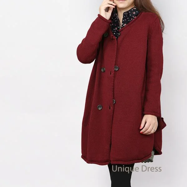 Burgundy women knit coat outwear cardigan