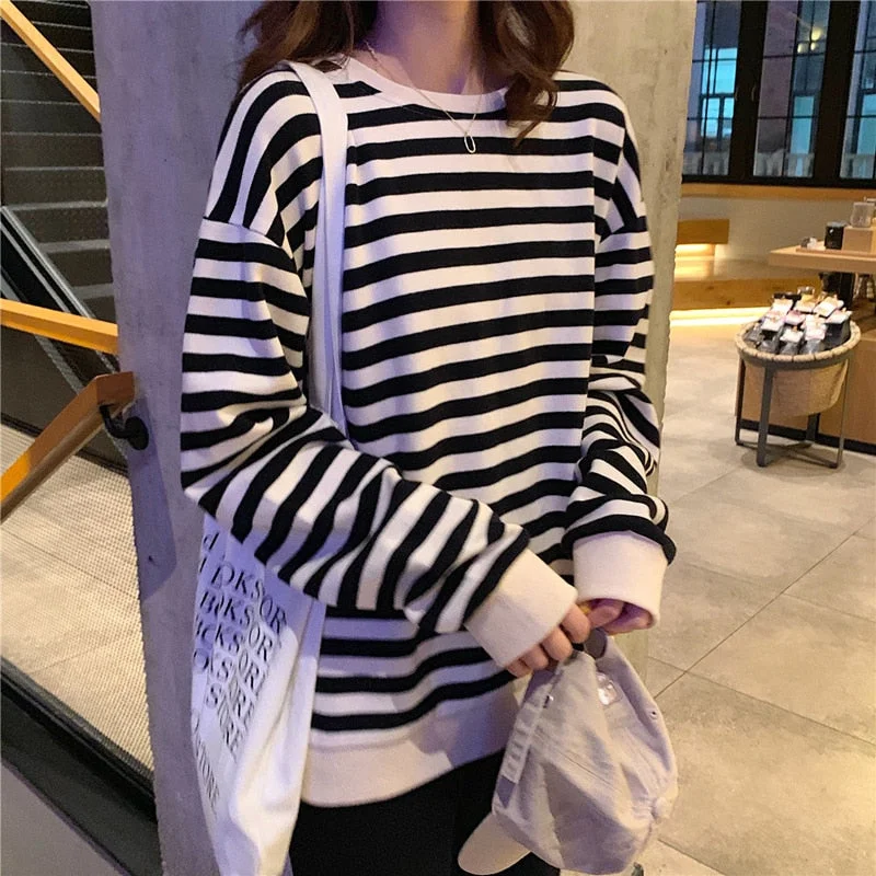 Cotton Oversize Hoodies Women O-neck Stripe Leisure Simple