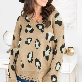 Women Leopard Print  Bat Sleeve Tassel Pullover Sweater