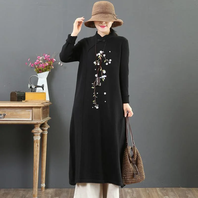 Comfy stand collar Sweater embroidery weather Moda black Ugly knitwear