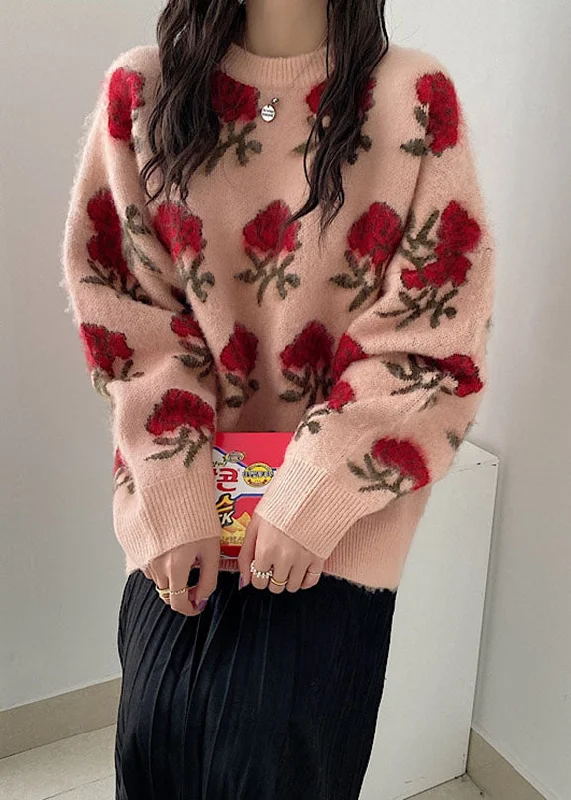 Cute Pink Floral Thick Ma Hai Mao Knit Sweaters Fall