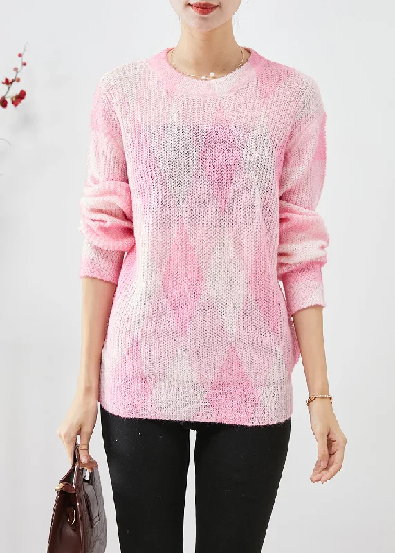 Cute Pink Oversized Plaid Knit Sweaters Fall