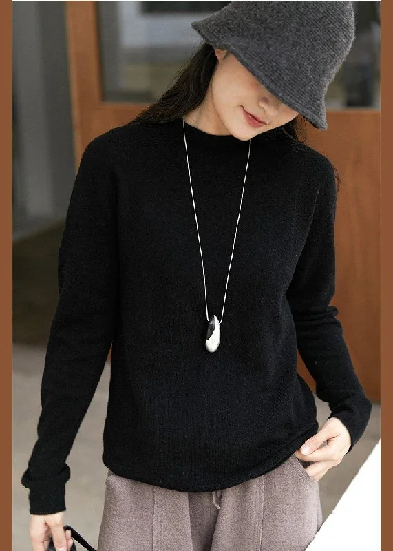 Fashion Black Tops High Neck Oversized Spring Nit Sweaters Tops