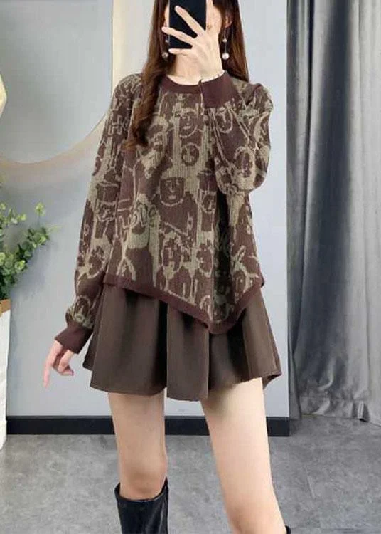 Fashion Coffee asymmetrical design Patchwork Print Fall Knit sweaters