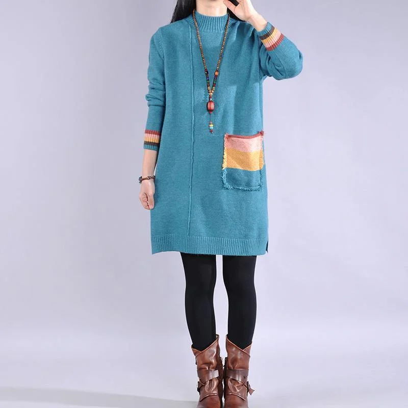 For Work side open Sweater patchwork pockets dress outfit plus size blue Big knitted tops