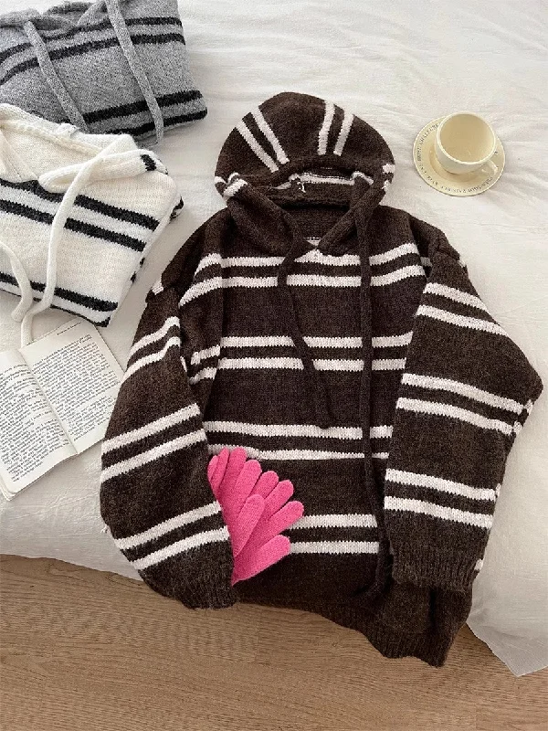 striped hooded knitted sweater    S4790