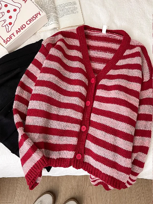 Sweet V-neck striped sweater coat long-sleeved knitted cardigan   S4769