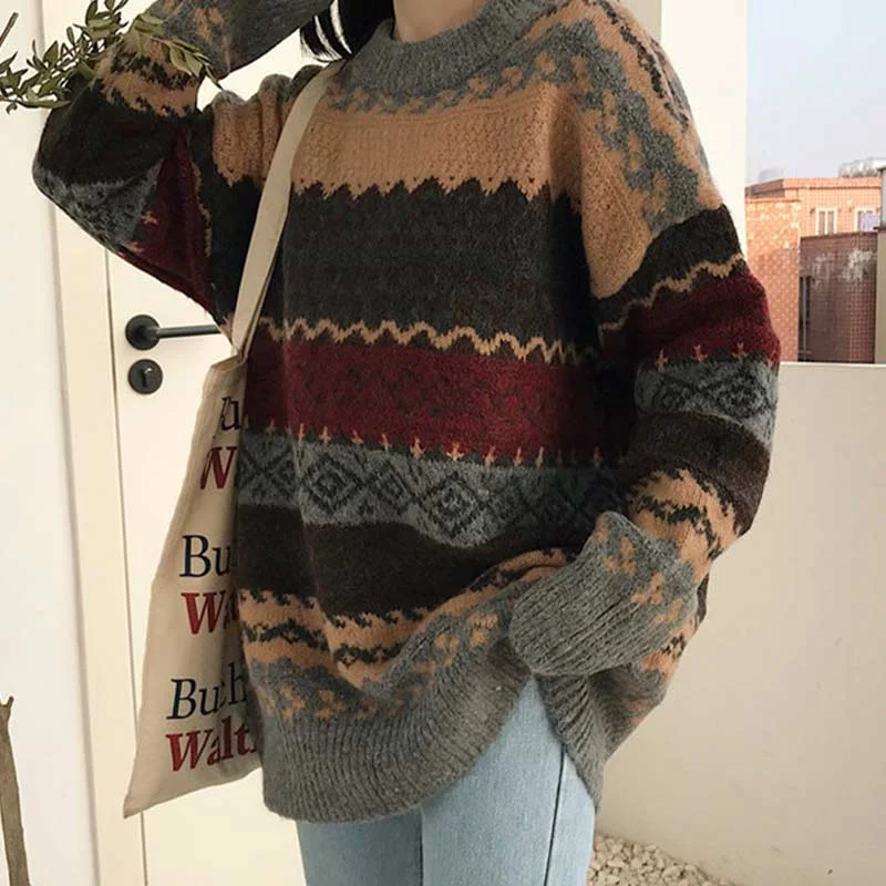 Vintage Sweaters Women Pullover Winter Striped Jumpers Loose Pullover Knitwear Casual Loose Sweater Pull