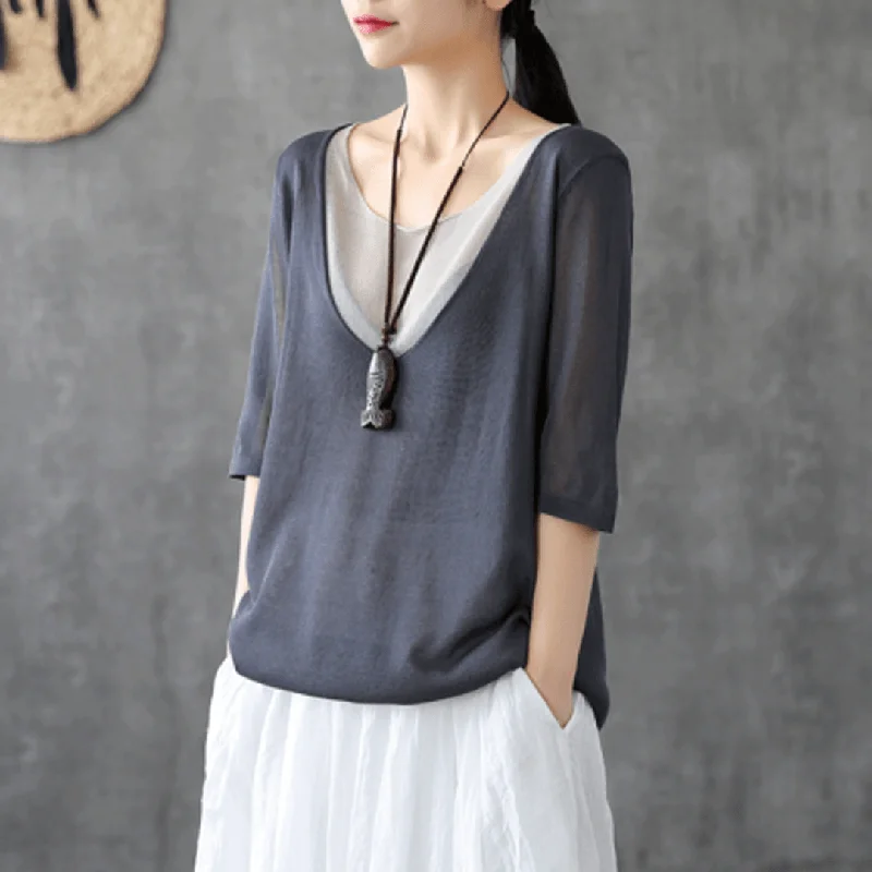 Fake Two-piece Knitted Half-sleeved T-shirt