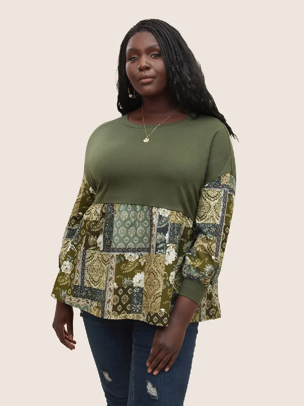 Boho Print Patchwork Lantern Sleeve T-shirt