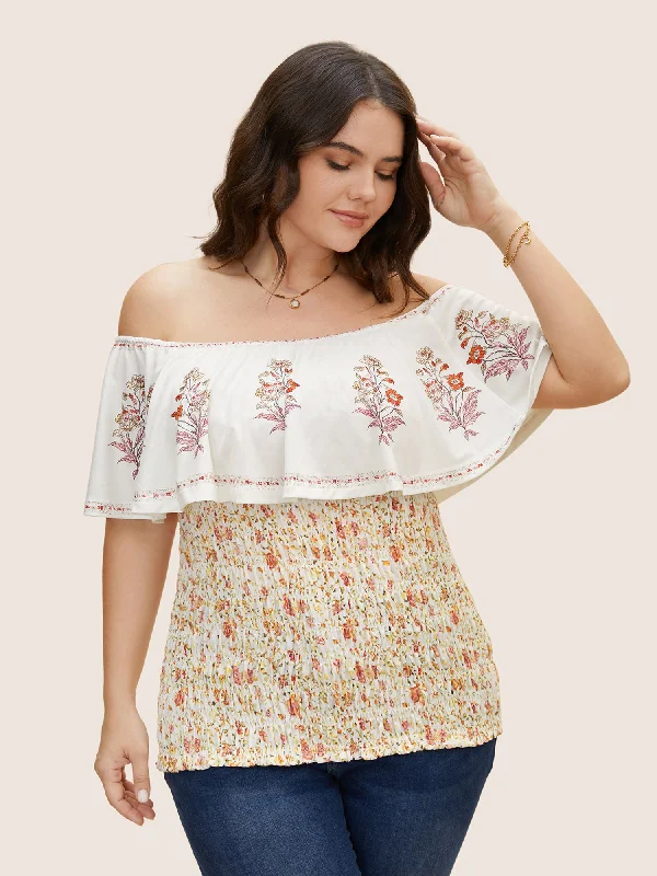 Cold Shoulder Boho Print Shirred T-shirt