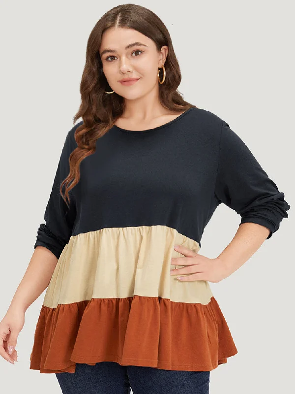 Colorblock Contrast Ruffle Layered Hem T-shirt