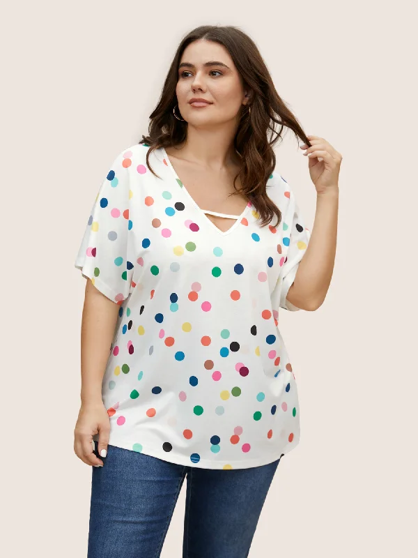 Contrast Polka Dot Keyhole Dolman Sleeve T-shirt