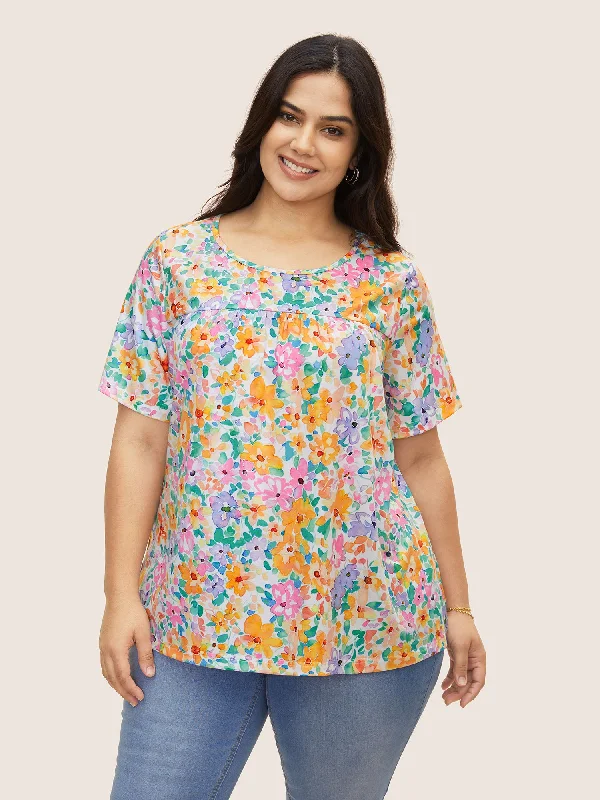 Crew Neck Colored Floral Gathered T-shirt