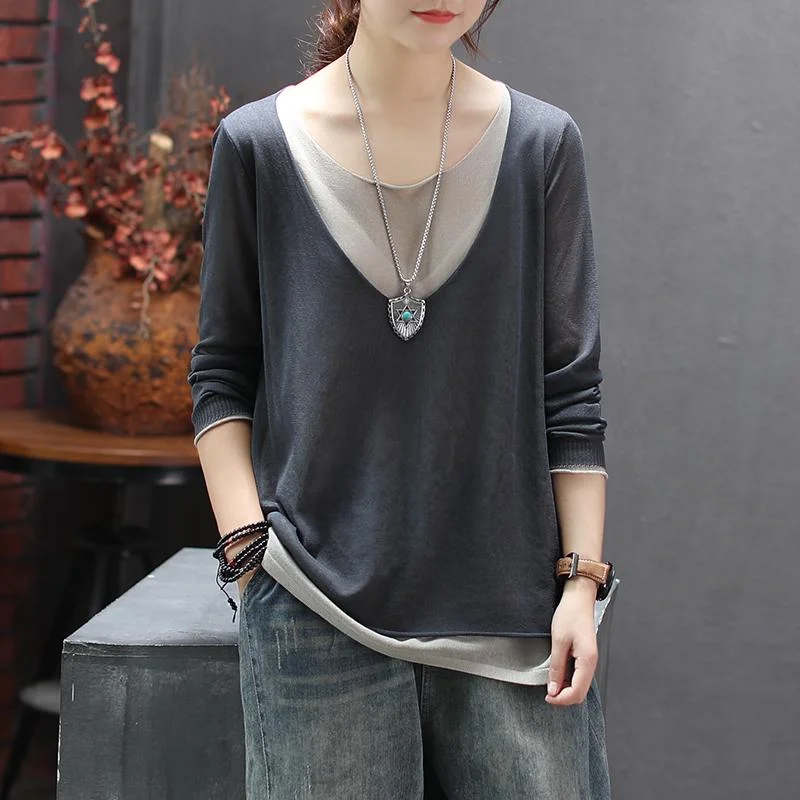 Knitted Linen Fake Two-piece Round Neck T-shirt