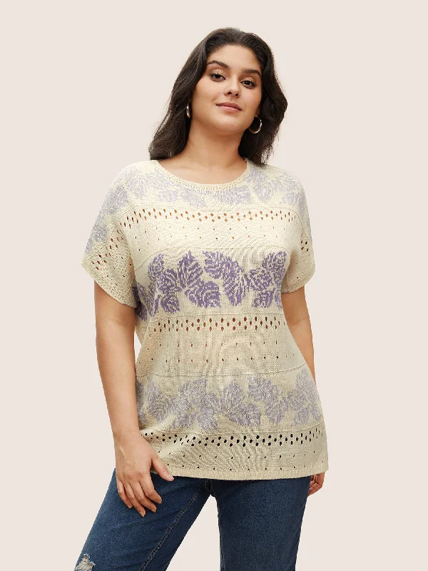 Leaves Print Dolman Sleeve Cut Out Sweater T-shirt