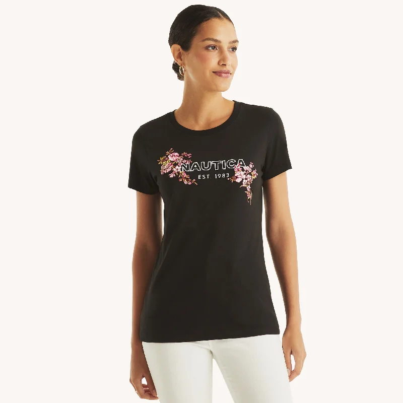 Nautica Womens Sustainably Crafted Embroidered Flowers Graphic T-Shirt