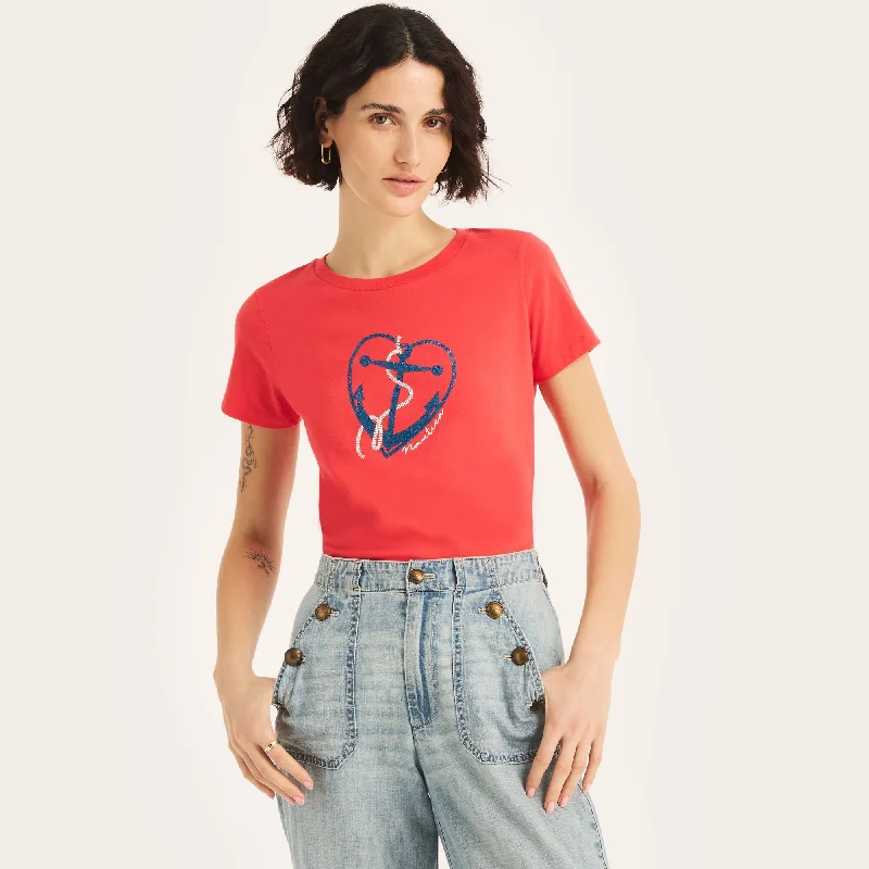 Nautica Womens Sustainably Crafted Glitter Hearted Anchor Graphic T-Shirt