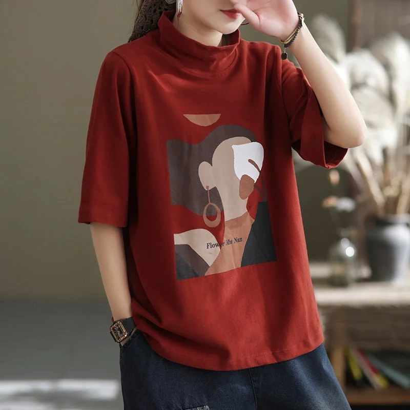 Spring Women Loose Cartoon Print Half Sleeve T-Shirt