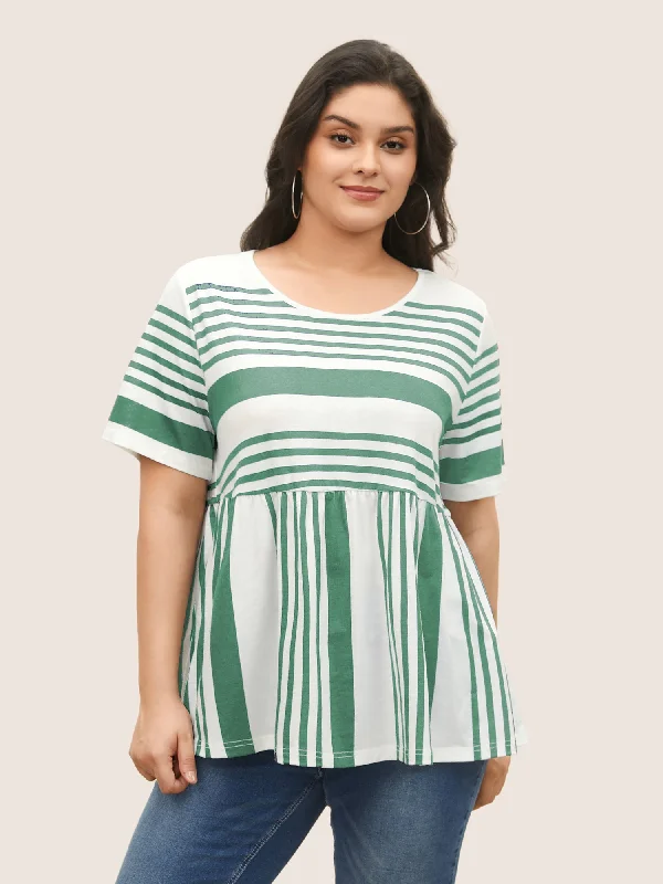 Striped Print Elastic Waist Round Neck T-shirt