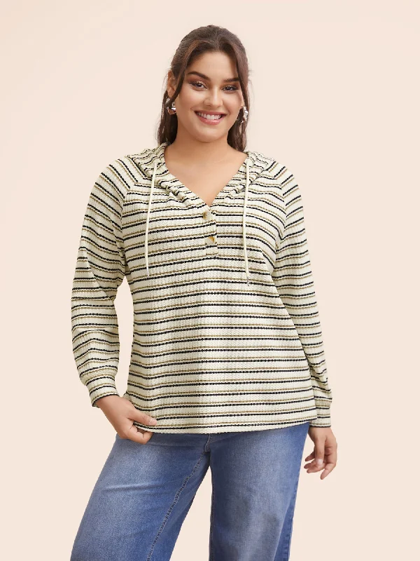 Striped Texture Raglan Sleeve Hooded T-shirt