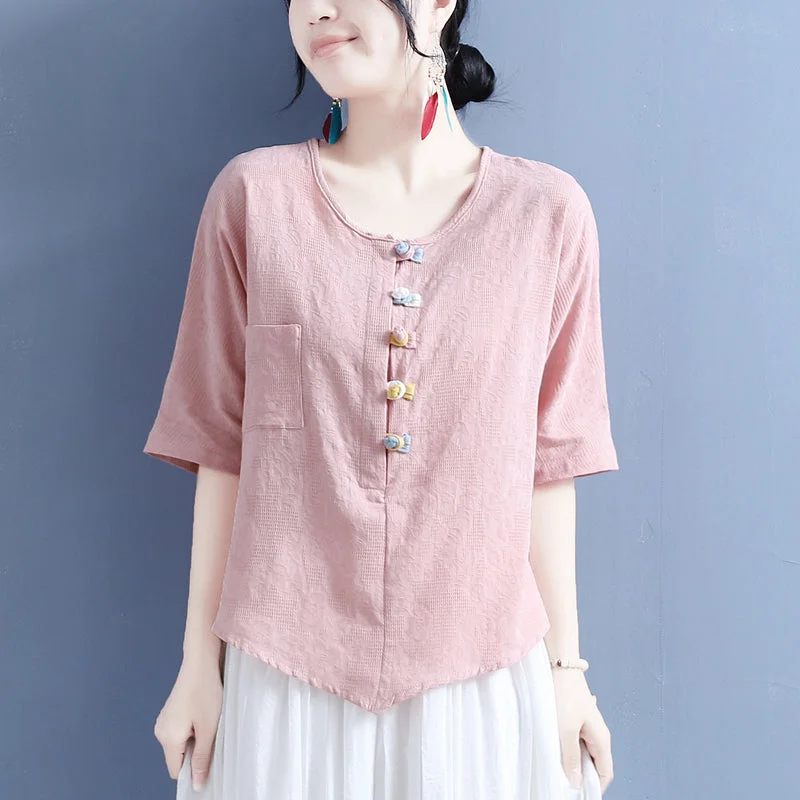 Summer Retro Buttons Cotton Linen T-Shirt