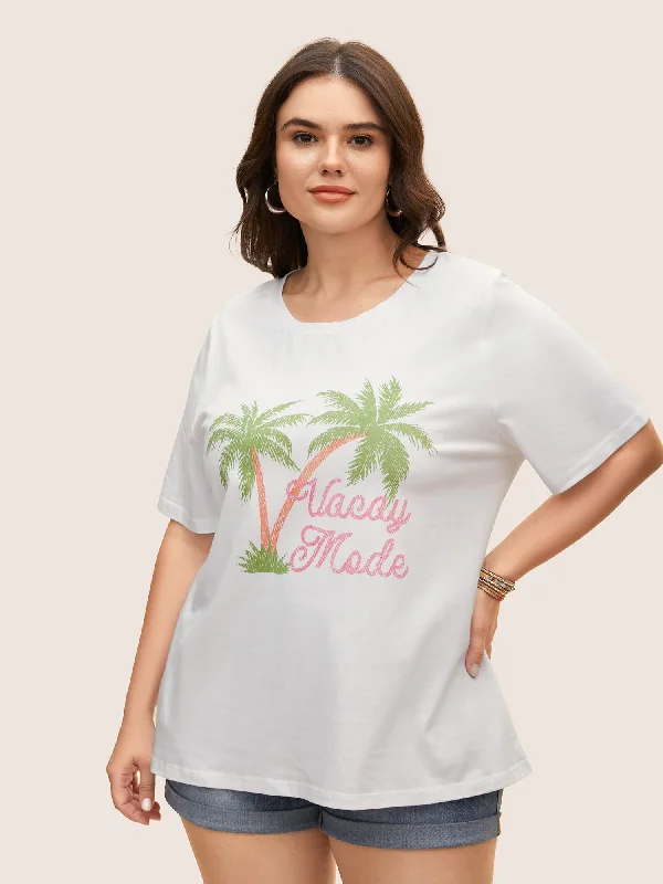 Cotton Vacation Tropical Print Round Neck T-shirt