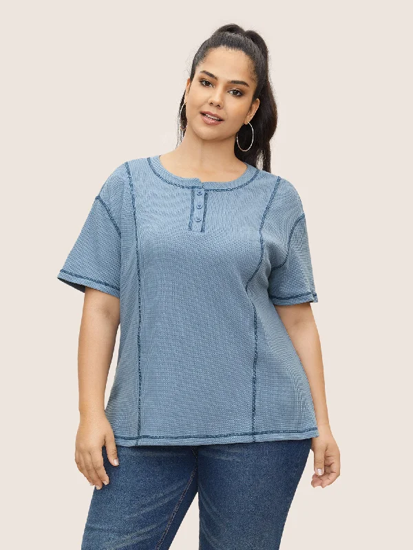 Waffle Knit Round Neck Button Up T-shirt