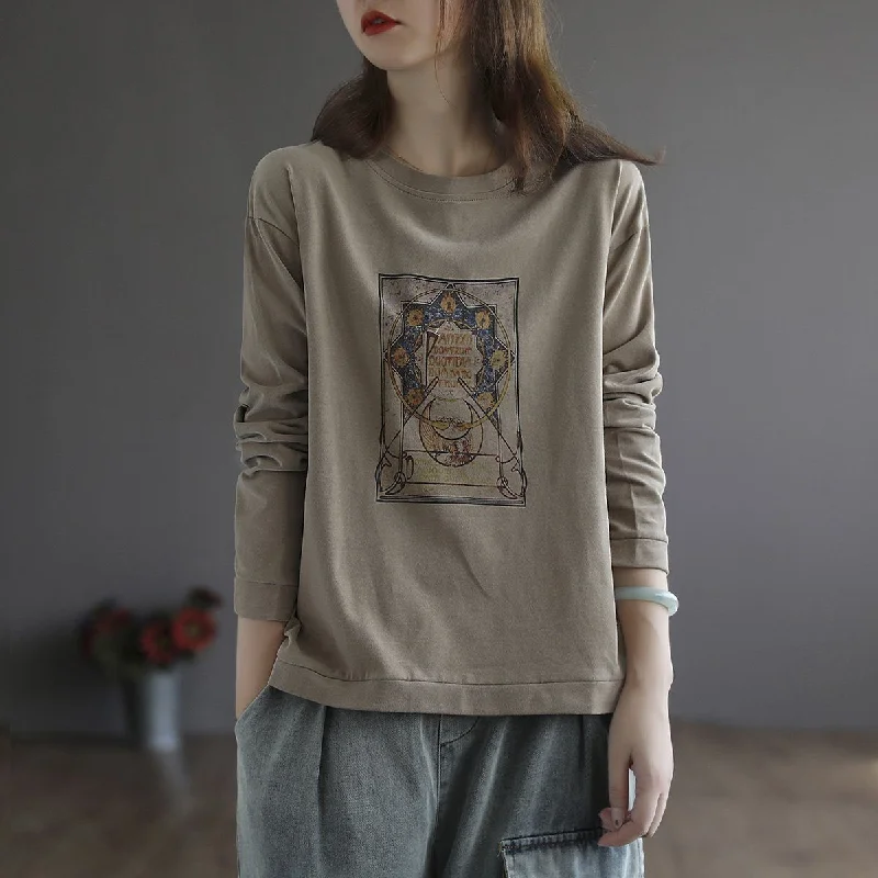 Women Retro Printed Long Sleeve Loose Cotton T-Shirt