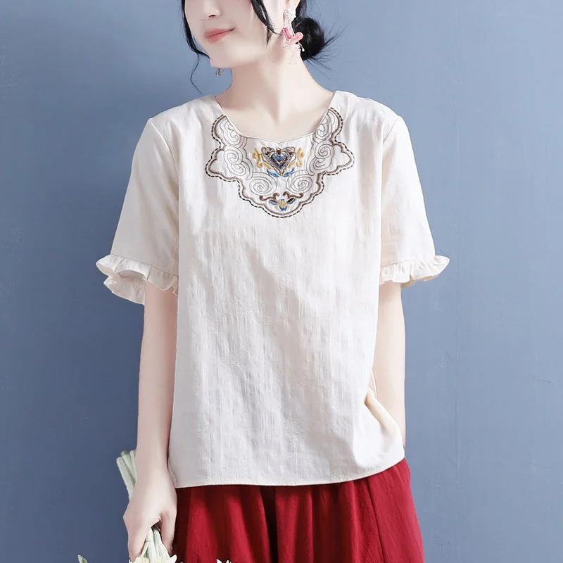 Women Summer Vintage Embroidery Ruffled T-Shirt