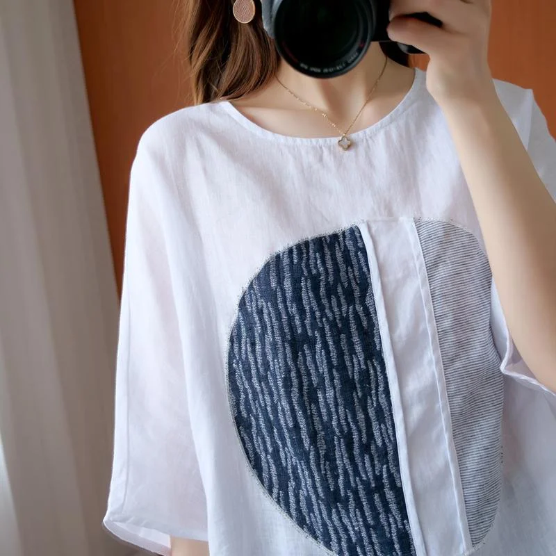 Women's Loose Patchwork Cotton Linen T-Shirt