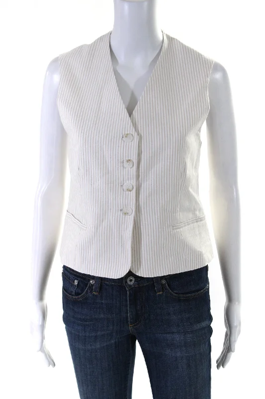 Drew Womens Striped Button Down Harper Vest Blouse Beige White Cotton