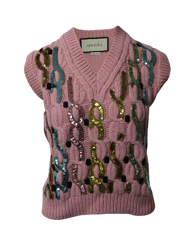 Gucci Embellished Cable Knit Vest in Pink Wool