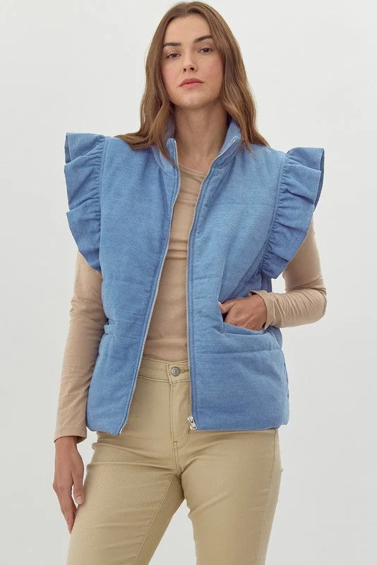 Quilted Ruffle Denim Vest