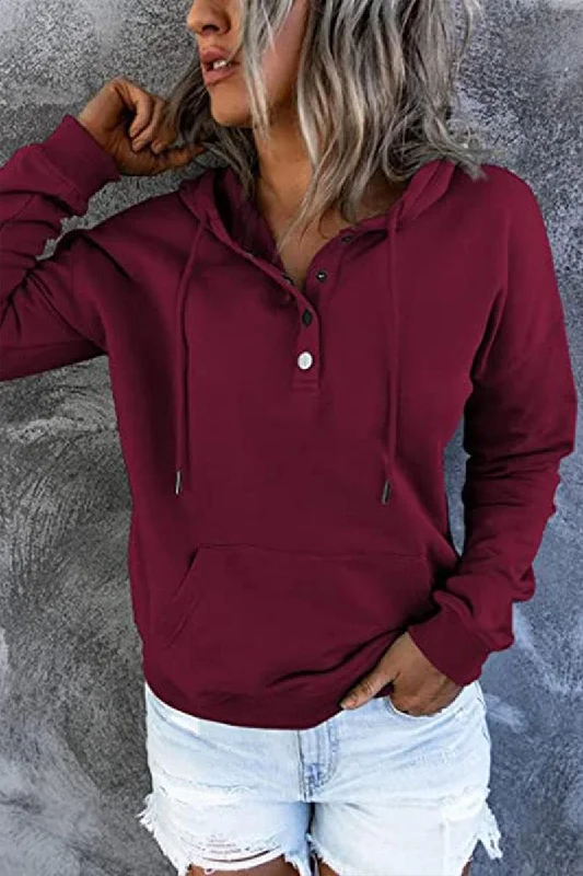 WOMEN BUTTON NECK KANGAROO POCKET PULLOVER HOODIE