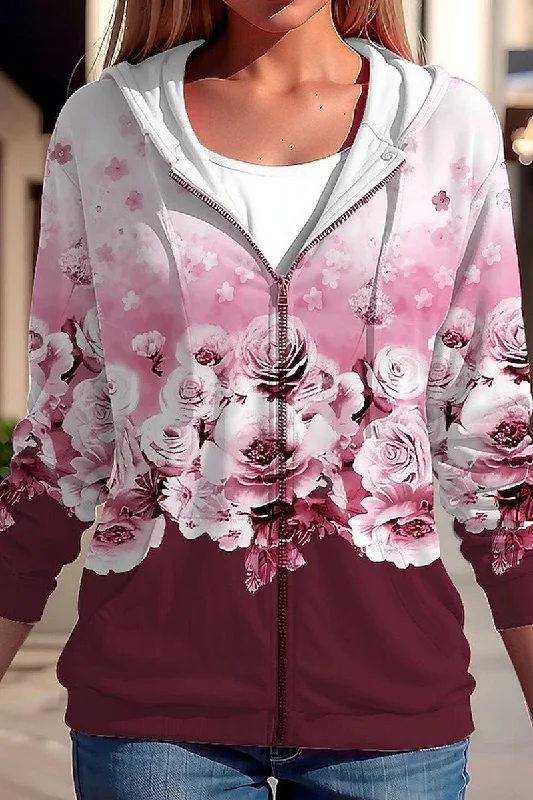 WOMEN FLORAL 3D PRINTING ZIP UP CASUAL HOODIE