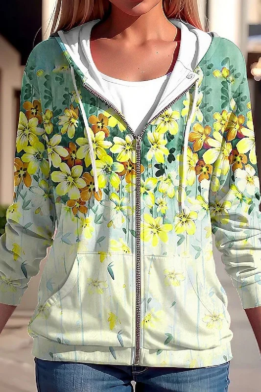 WOMEN FLORAL PRINTING DRAWSTRING ZIP UP HOODIE