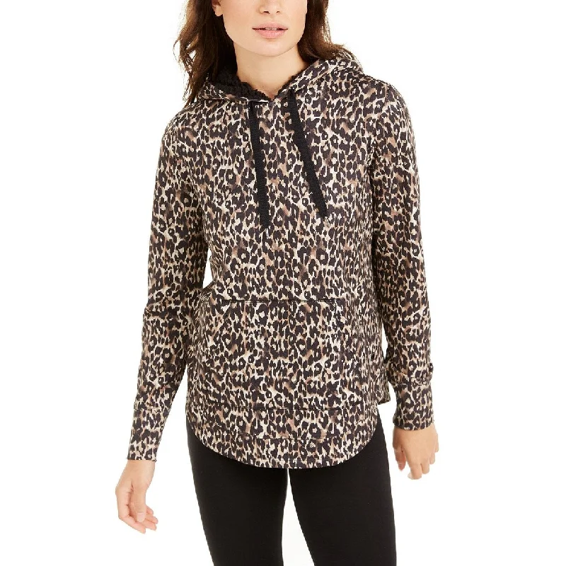 Ideology Women's Leopard Round-Hem Hoodie Brown Size Small