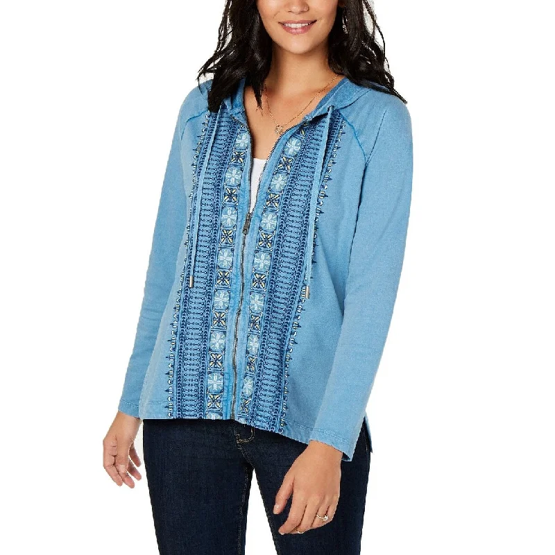 Style & Co Women's Cotton Embroidered Zip Hoodie Blue Size Extra Large - X-Large