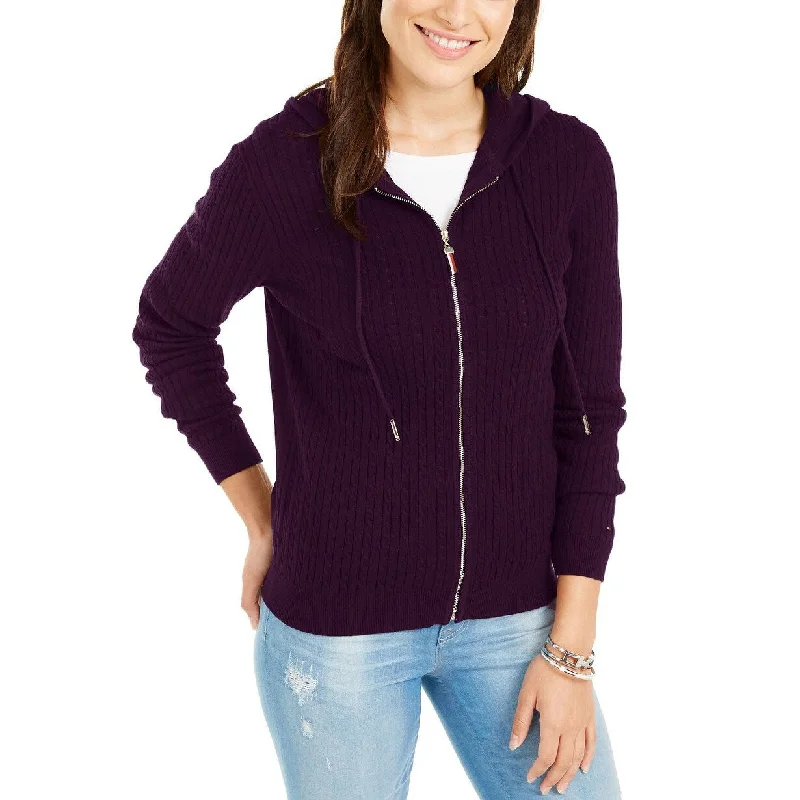 Tommy Hilfiger Women's Cotton Cable Knit Varsity Hoodie Purple Size Large