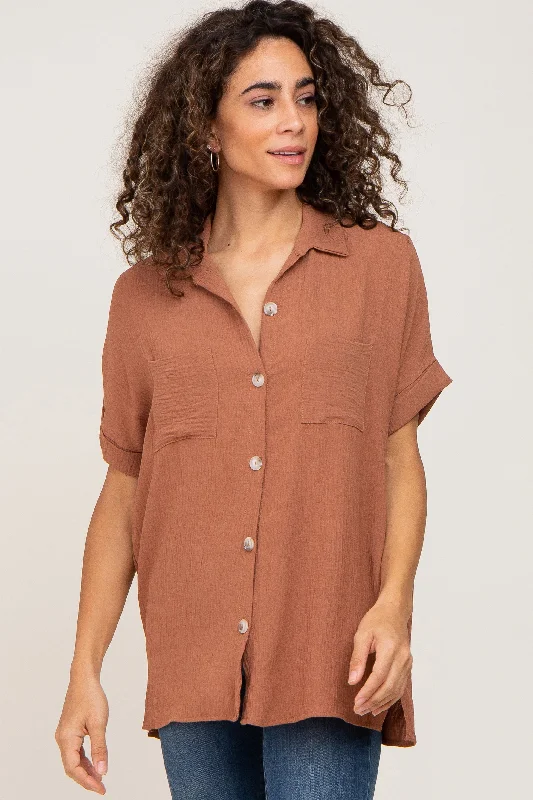 Camel Collared Button-Down Short Sleeve Blouse