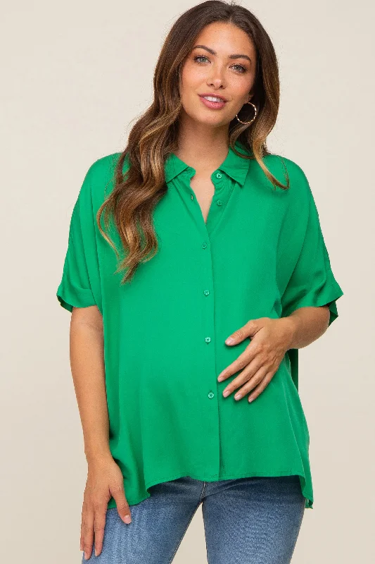 Green Button Up Dolman Short Sleeve Maternity Top