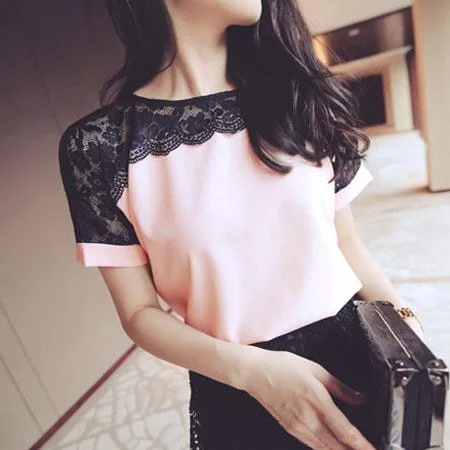 Korean Fashion Chiffon Women Blouses Lace Short Sleeve Pink Women Shirts Plus Size 4XL/5XL Womens Tops Blusas Femininas Elegante