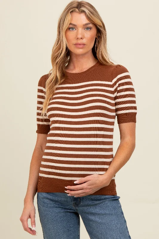 Mocha Striped Short Sleeve Knit Maternity Top