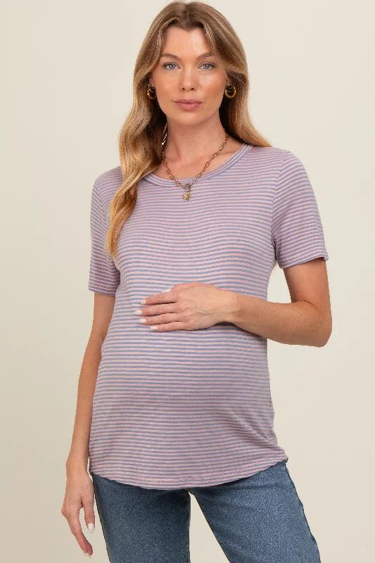 Pink Striped Short Sleeve Maternity Top