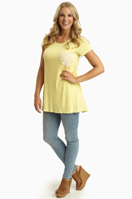 Yellow Crochet Pocket Short Sleeve Top