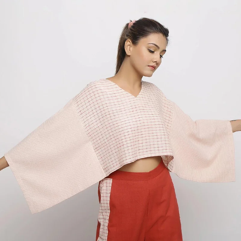 Beige and Pink Vegetable Dyed Handspun Cotton V-Neck Crop Top