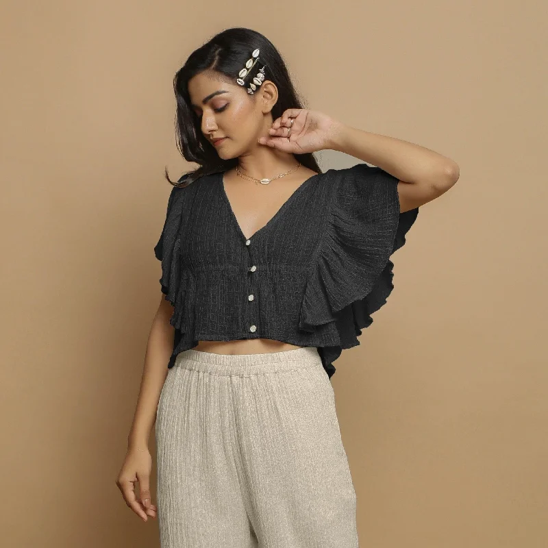 Black Crinkled Cotton Butterfly Sleeves Crop Top