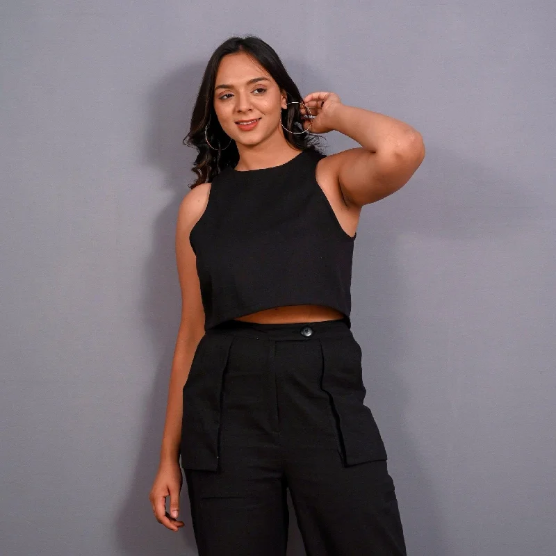 Black Warm Cotton Flannel Cropped Tank Top